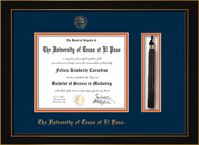 Image of University of Texas - El Paso Diploma Frame - Honors Black Satin - w/UTEP Embossed Seal & Name - Tassel Holder - Navy on Orange mat