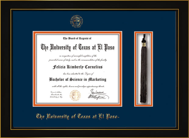 Image of University of Texas - El Paso Diploma Frame - Honors Black Satin - w/UTEP Embossed Seal & Name - Tassel Holder - Navy on Orange mat