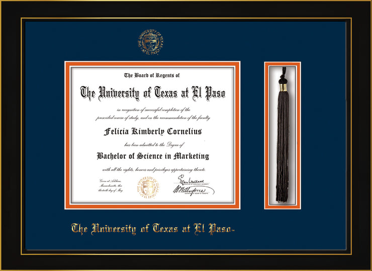 Image of University of Texas - El Paso Diploma Frame - Honors Black Satin - w/UTEP Embossed Seal & Name - Tassel Holder - Navy on Orange mat