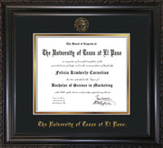 Image of University of Texas - El Paso Diploma Frame - Vintage Black Scoop - w/UTEP Embossed Seal & Name - Black on Gold mat