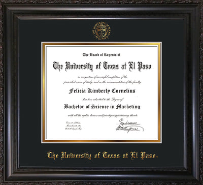 Image of University of Texas - El Paso Diploma Frame - Vintage Black Scoop - w/UTEP Embossed Seal & Name - Black on Gold mat