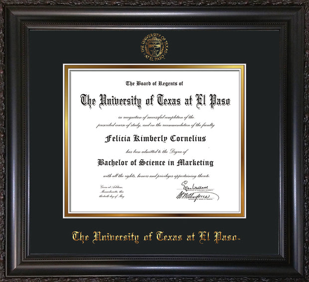Image of University of Texas - El Paso Diploma Frame - Vintage Black Scoop - w/UTEP Embossed Seal & Name - Black on Gold mat