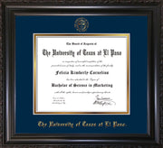 Image of University of Texas - El Paso Diploma Frame - Vintage Black Scoop - w/UTEP Embossed Seal & Name - Navy on Gold mat