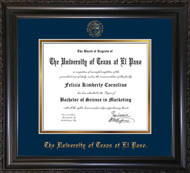 Image of University of Texas - El Paso Diploma Frame - Vintage Black Scoop - w/UTEP Embossed Seal & Name - Navy on Gold mat