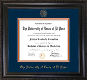 Image of University of Texas - El Paso Diploma Frame - Vintage Black Scoop - w/UTEP Embossed Seal & Name - Navy on Orange mat