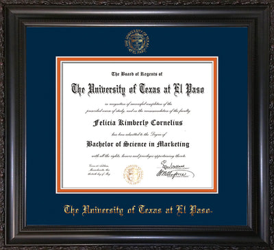 Image of University of Texas - El Paso Diploma Frame - Vintage Black Scoop - w/UTEP Embossed Seal & Name - Navy on Orange mat