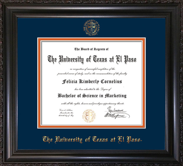 Image of University of Texas - El Paso Diploma Frame - Vintage Black Scoop - w/UTEP Embossed Seal & Name - Navy on Orange mat