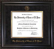 Image of University of Texas - El Paso Diploma Frame - Vintage Black Scoop - w/UTEP Embossed Seal & Name - Black Suede on Gold mat