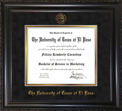 Image of University of Texas - El Paso Diploma Frame - Vintage Black Scoop - w/UTEP Embossed Seal & Name - Black Suede on Gold mat