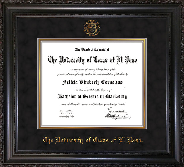 Image of University of Texas - El Paso Diploma Frame - Vintage Black Scoop - w/UTEP Embossed Seal & Name - Black Suede on Gold mat