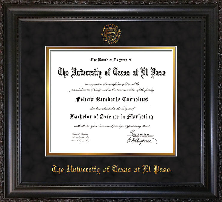 Image of University of Texas - El Paso Diploma Frame - Vintage Black Scoop - w/UTEP Embossed Seal & Name - Black Suede on Gold mat