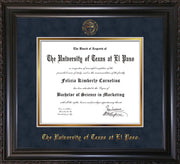Image of University of Texas - El Paso Diploma Frame - Vintage Black Scoop - w/UTEP Embossed Seal & Name - Navy Suede on Gold mat