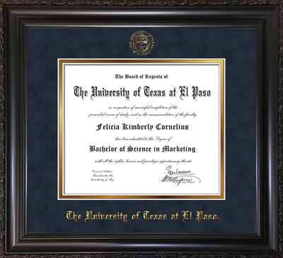 Image of University of Texas - El Paso Diploma Frame - Vintage Black Scoop - w/UTEP Embossed Seal & Name - Navy Suede on Gold mat