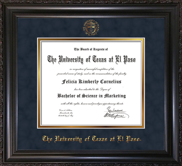 Image of University of Texas - El Paso Diploma Frame - Vintage Black Scoop - w/UTEP Embossed Seal & Name - Navy Suede on Gold mat