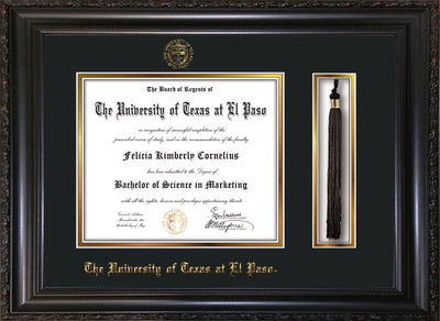 Image of University of Texas - El Paso Diploma Frame - Vintage Black Scoop - w/UTEP Embossed Seal & Name - Tassel Holder - Black on Gold mat
