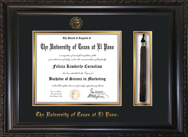 Image of University of Texas - El Paso Diploma Frame - Vintage Black Scoop - w/UTEP Embossed Seal & Name - Tassel Holder - Black on Gold mat