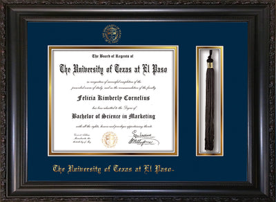 Image of University of Texas - El Paso Diploma Frame - Vintage Black Scoop - w/UTEP Embossed Seal & Name - Tassel Holder - Navy on Gold mat