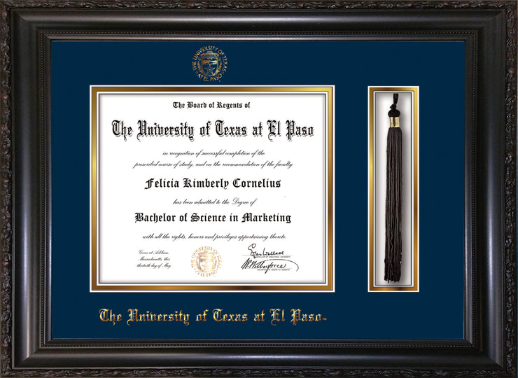 Image of University of Texas - El Paso Diploma Frame - Vintage Black Scoop - w/UTEP Embossed Seal & Name - Tassel Holder - Navy on Gold mat