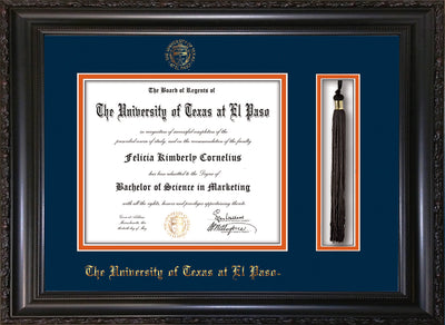 Image of University of Texas - El Paso Diploma Frame - Vintage Black Scoop - w/UTEP Embossed Seal & Name - Tassel Holder - Navy on Orange mat