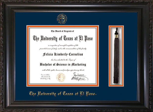 Image of University of Texas - El Paso Diploma Frame - Vintage Black Scoop - w/UTEP Embossed Seal & Name - Tassel Holder - Navy on Orange mat