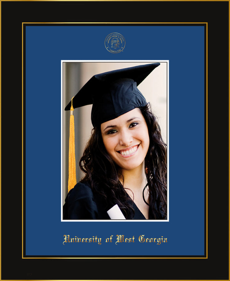 Image of University of West Georgia 5 x 7 Photo Frame - Honors Black Satin - w/Official Embossing of UWG Seal & Name - Single Royal Blue mat