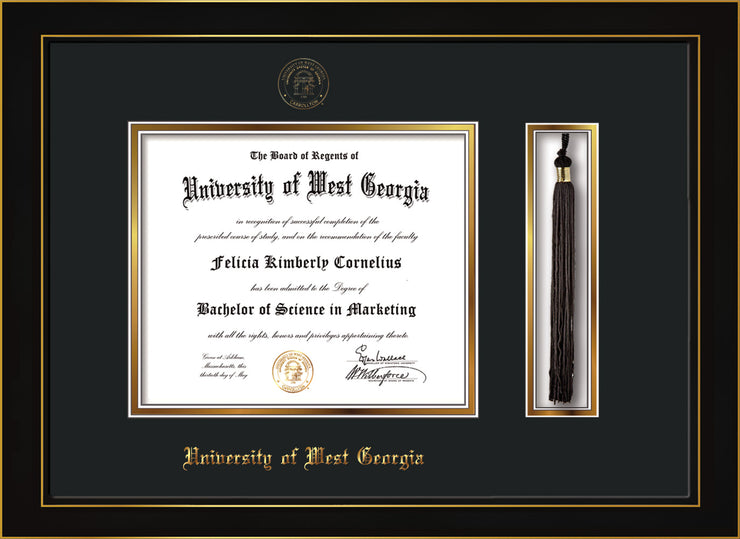 Image of University of West Georgia Diploma Frame - Honors Black Satin - w/UWG Embossed Seal & Name - Tassel Holder - Black on Gold mat