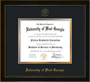 Image of University of West Georgia Diploma Frame - Honors Black Satin - w/UWG Embossed Seal & Name - Black on Gold mat