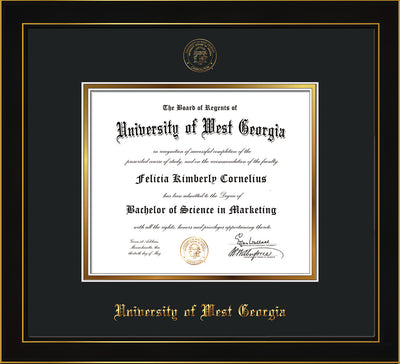 Image of University of West Georgia Diploma Frame - Honors Black Satin - w/UWG Embossed Seal & Name - Black on Gold mat