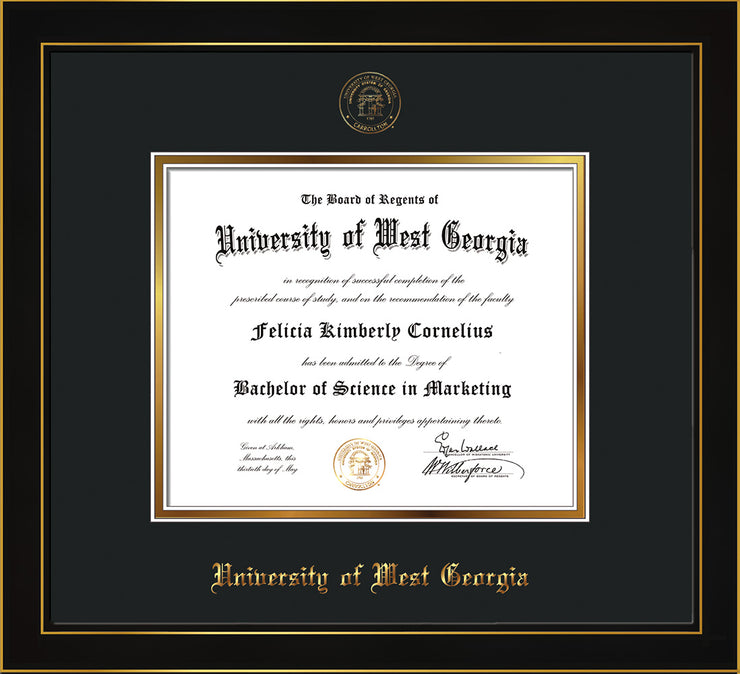 Image of University of West Georgia Diploma Frame - Honors Black Satin - w/UWG Embossed Seal & Name - Black on Gold mat