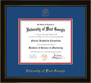 Image of University of West Georgia Diploma Frame - Honors Black Satin - w/UWG Embossed Seal & Name - Royal Blue on Crimson mat