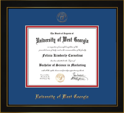 Image of University of West Georgia Diploma Frame - Honors Black Satin - w/UWG Embossed Seal & Name - Royal Blue on Crimson mat