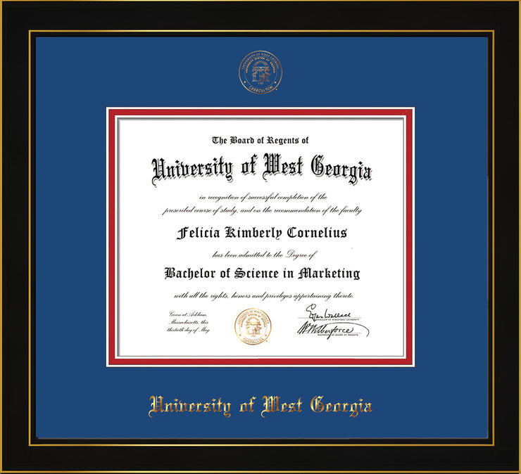 Image of University of West Georgia Diploma Frame - Honors Black Satin - w/UWG Embossed Seal & Name - Royal Blue on Crimson mat