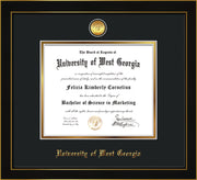 Image of University of West Georgia Diploma Frame - Honors Black Satin - w/24k Gold Plated Medallion UWG Name Embossing - Black on Gold Mat