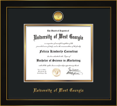 Image of University of West Georgia Diploma Frame - Honors Black Satin - w/24k Gold Plated Medallion UWG Name Embossing - Black on Gold Mat