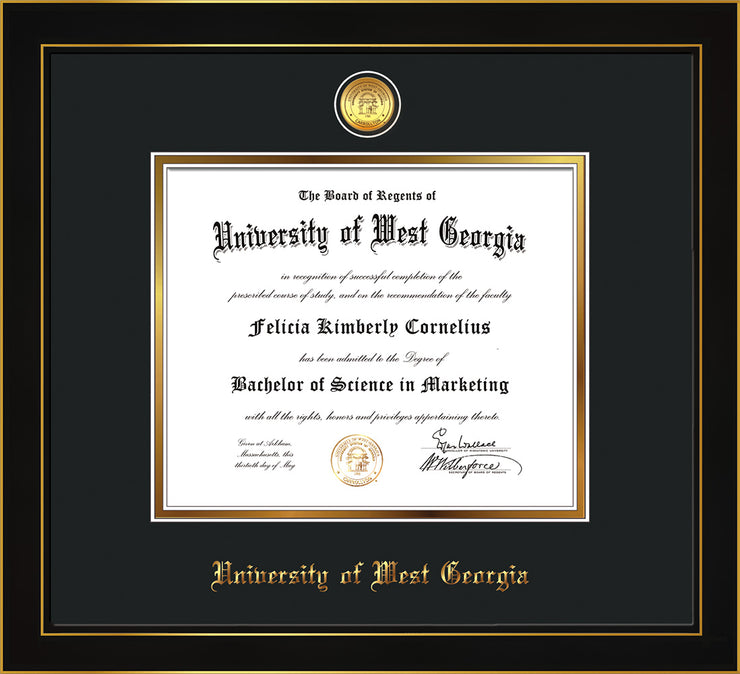 Image of University of West Georgia Diploma Frame - Honors Black Satin - w/24k Gold Plated Medallion UWG Name Embossing - Black on Gold Mat