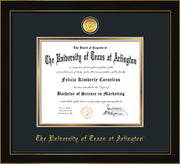 Image of University of Texas - Arlington Diploma Frame - Honors Black Satin - w/24k Gold-Plated Medallion UTA Name Embossing - Black on Gold mats