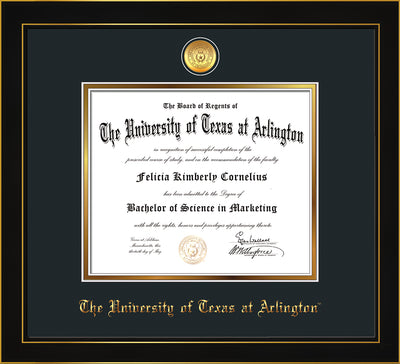 Image of University of Texas - Arlington Diploma Frame - Honors Black Satin - w/24k Gold-Plated Medallion UTA Name Embossing - Black on Gold mats