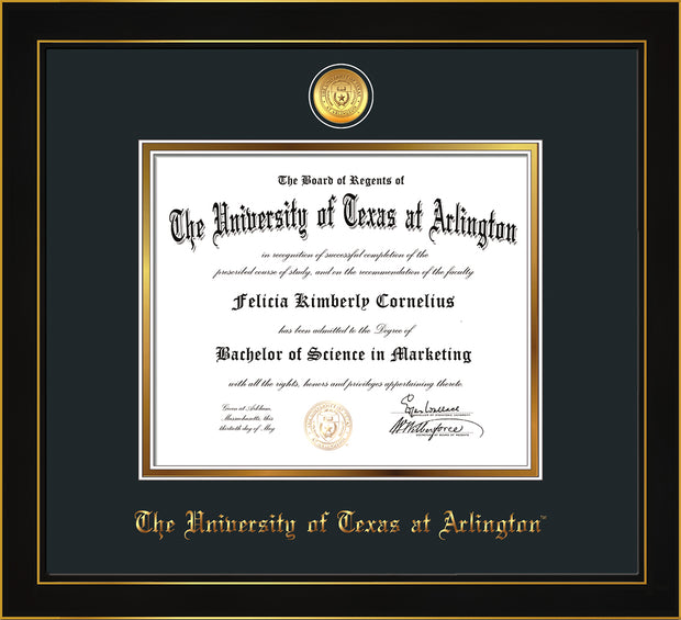 Image of University of Texas - Arlington Diploma Frame - Honors Black Satin - w/24k Gold-Plated Medallion UTA Name Embossing - Black on Gold mats