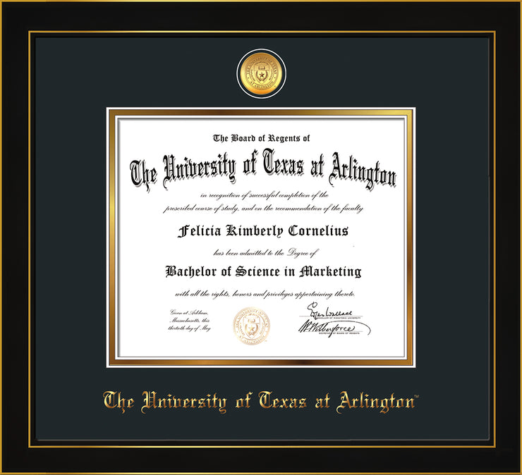 Image of University of Texas - Arlington Diploma Frame - Honors Black Satin - w/24k Gold-Plated Medallion UTA Name Embossing - Black on Gold mats