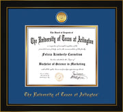 Image of University of Texas - Arlington Diploma Frame - Honors Black Satin - w/24k Gold-Plated Medallion UTA Name Embossing - Royal Blue on Gold mats