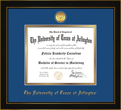 Image of University of Texas - Arlington Diploma Frame - Honors Black Satin - w/24k Gold-Plated Medallion UTA Name Embossing - Royal Blue on Gold mats