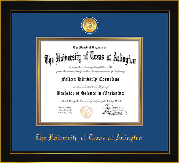 Image of University of Texas - Arlington Diploma Frame - Honors Black Satin - w/24k Gold-Plated Medallion UTA Name Embossing - Royal Blue on Gold mats