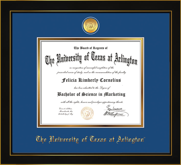 Image of University of Texas - Arlington Diploma Frame - Honors Black Satin - w/24k Gold-Plated Medallion UTA Name Embossing - Royal Blue on Gold mats