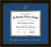 Image of University of Texas - Arlington Diploma Frame - Honors Black Satin - w/Embossed Seal & Name - Royal Blue on Gold mat