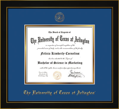 Image of University of Texas - Arlington Diploma Frame - Honors Black Satin - w/Embossed Seal & Name - Royal Blue on Gold mat