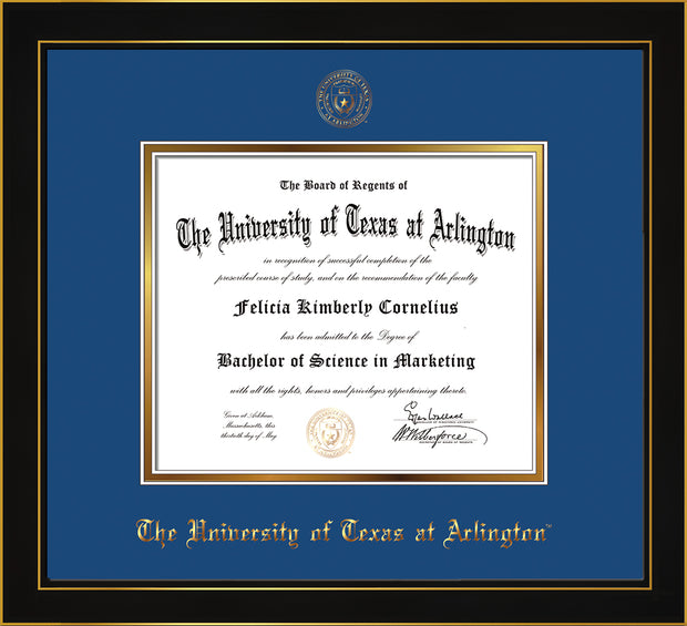 Image of University of Texas - Arlington Diploma Frame - Honors Black Satin - w/Embossed Seal & Name - Royal Blue on Gold mat