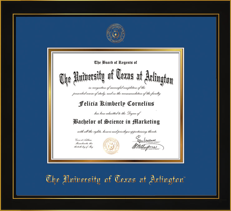 Image of University of Texas - Arlington Diploma Frame - Honors Black Satin - w/Embossed Seal & Name - Royal Blue on Gold mat