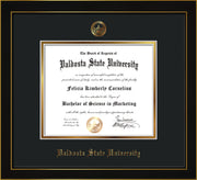 Image of Valdosta State University Diploma Frame - Honors Black Satin - w/Embossed Seal & Name - Black on Gold mats