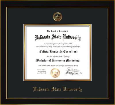 Image of Valdosta State University Diploma Frame - Honors Black Satin - w/Embossed Seal & Name - Black on Gold mats