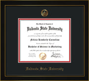 Image of Valdosta State University Diploma Frame - Honors Black Satin - w/Embossed Seal & Name - Black on Red mats